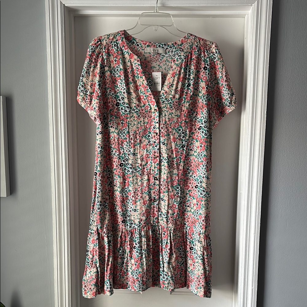 LOFT Floral Pink and Green Mini Dress